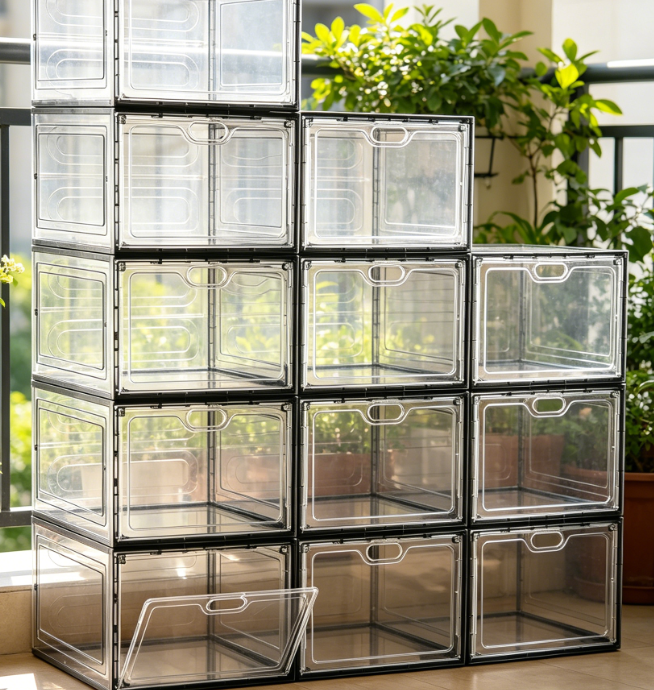 Transparent Gray, Stackable Shoe Box with Front-Opening Door