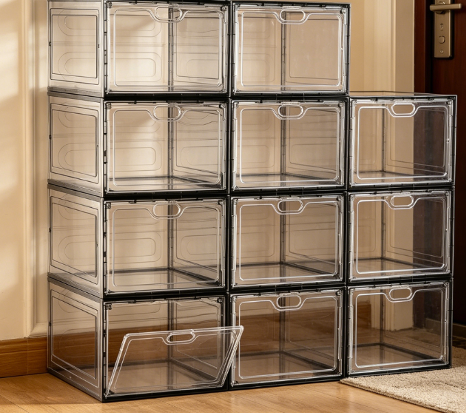 Transparent Gray, Stackable Shoe Box with Front-Opening Door