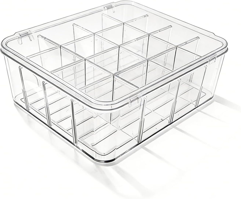 16-Compartment Transparent Plastic Storage Box with Lid and Adjustable Dividers
