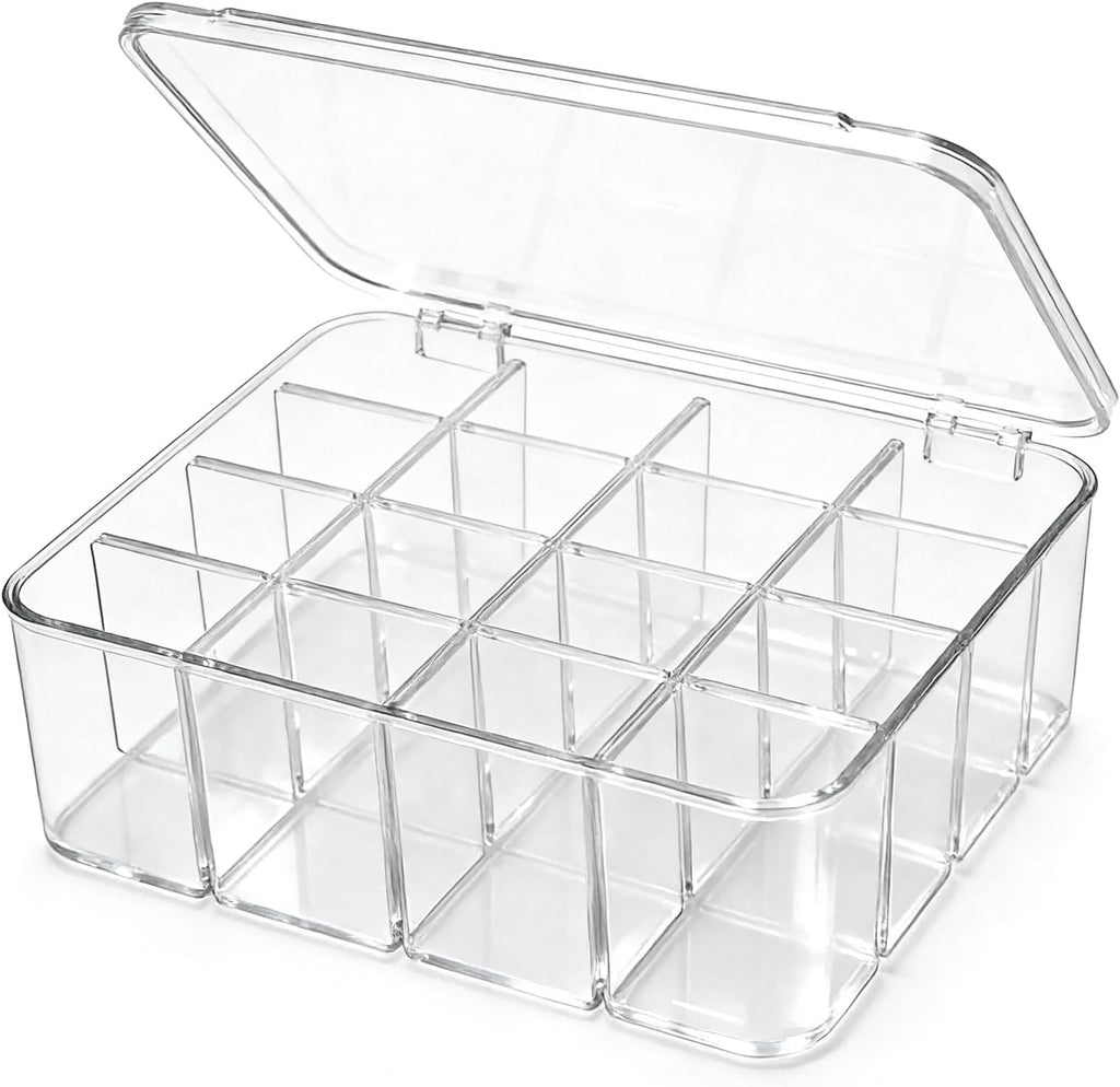 16-Compartment Transparent Plastic Storage Box with Lid and Adjustable Dividers