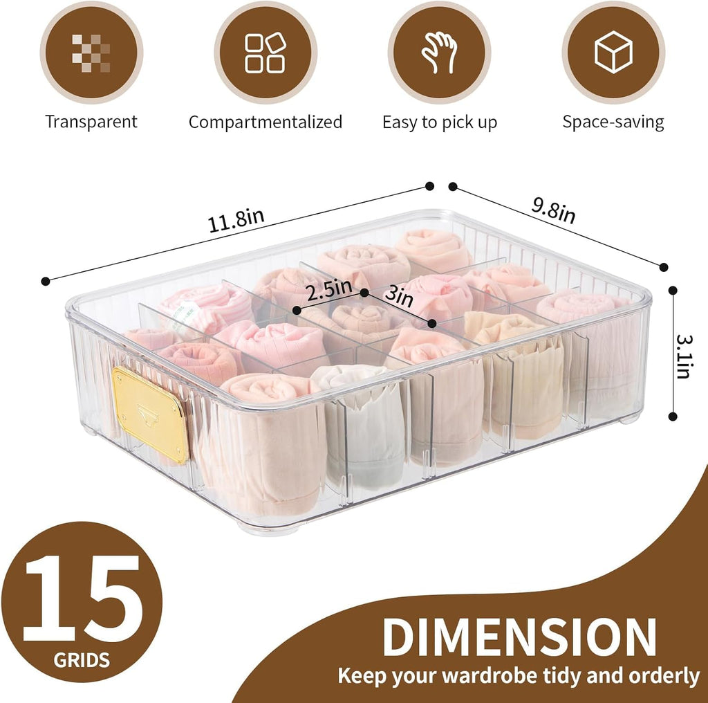 15-Compartment Detachable Plastic Underwear Drawer Organizer with Transparent Lid