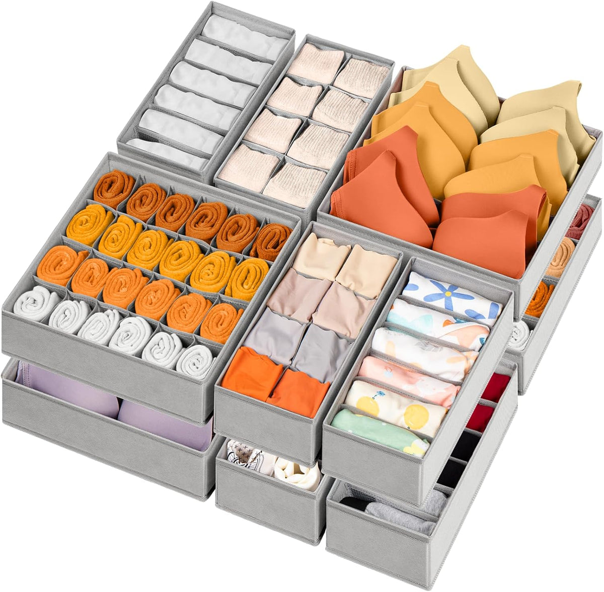 12-Piece Socks & Underwear Drawer Organizer Set, 116 Compartments Total, Foldable Fabric Wardrobe Organizer