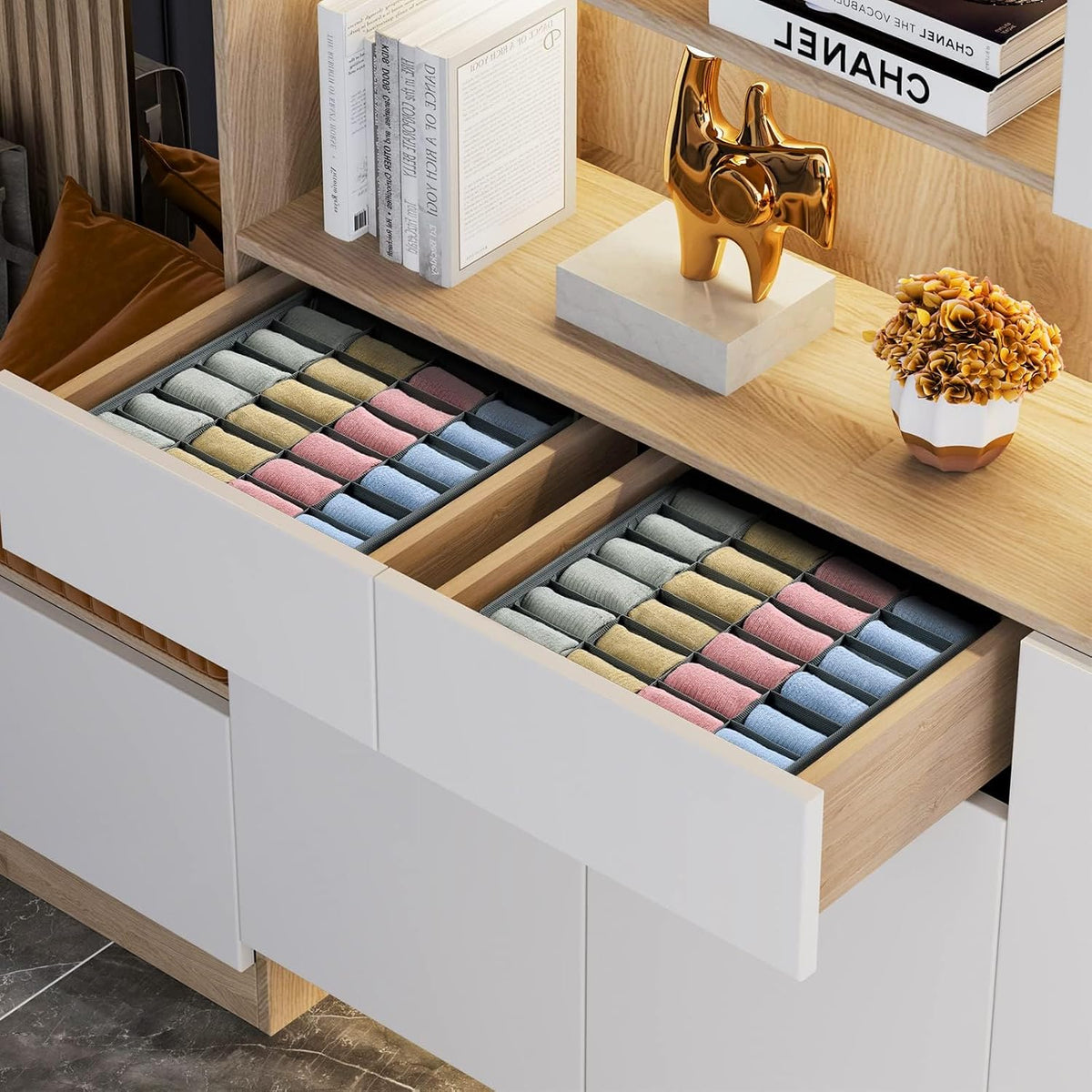 2-Piece Set of 24-Compartment Sock Drawer Organizers, Suitable for Socks, Handkerchiefs, Ties, and Belts