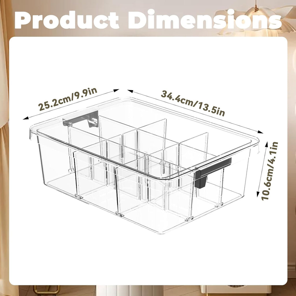 2-Pack Plastic Drawer Organizer Boxes with 9 Removable Dividers and Transparent Lids