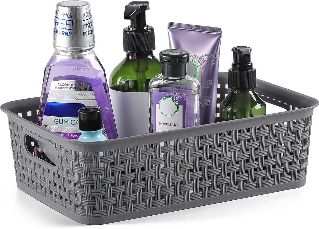 Plastic Storage Baskets - 8 Pack, Gray, Durable, Easy to Use, Flexible, Multi-Purpose, Ideal for Closets, Cabinets, Shelves, Countertops
