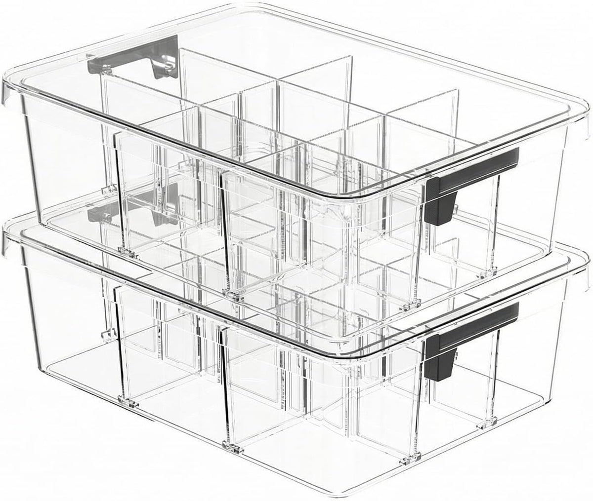 2-Pack Plastic Drawer Organizer Boxes with 9 Removable Dividers and Transparent Lids