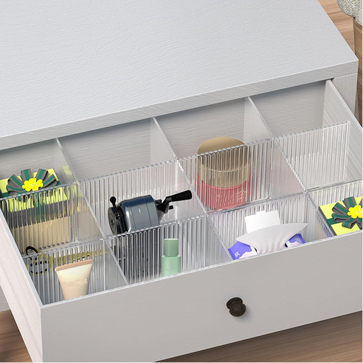 8pcs Adjustable Grid Drawer Dividers DIY Plastic Closet Separator Tidy Organizer Container 32.5 * 7cm/ 12.8 * 2.8inch for Underwear Socks Belt Office Supplies(Transparent White)