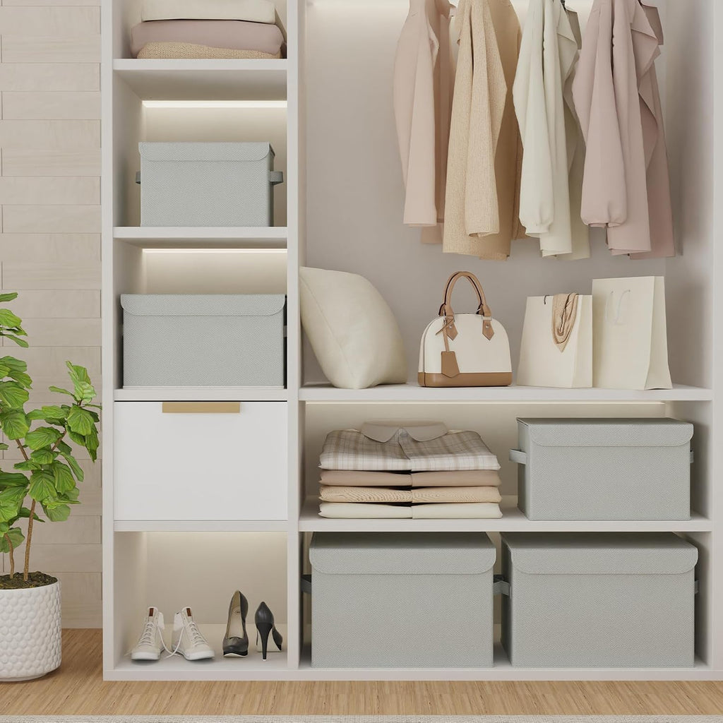Fabric Storage Box with Lid (Grey, Set of 2)