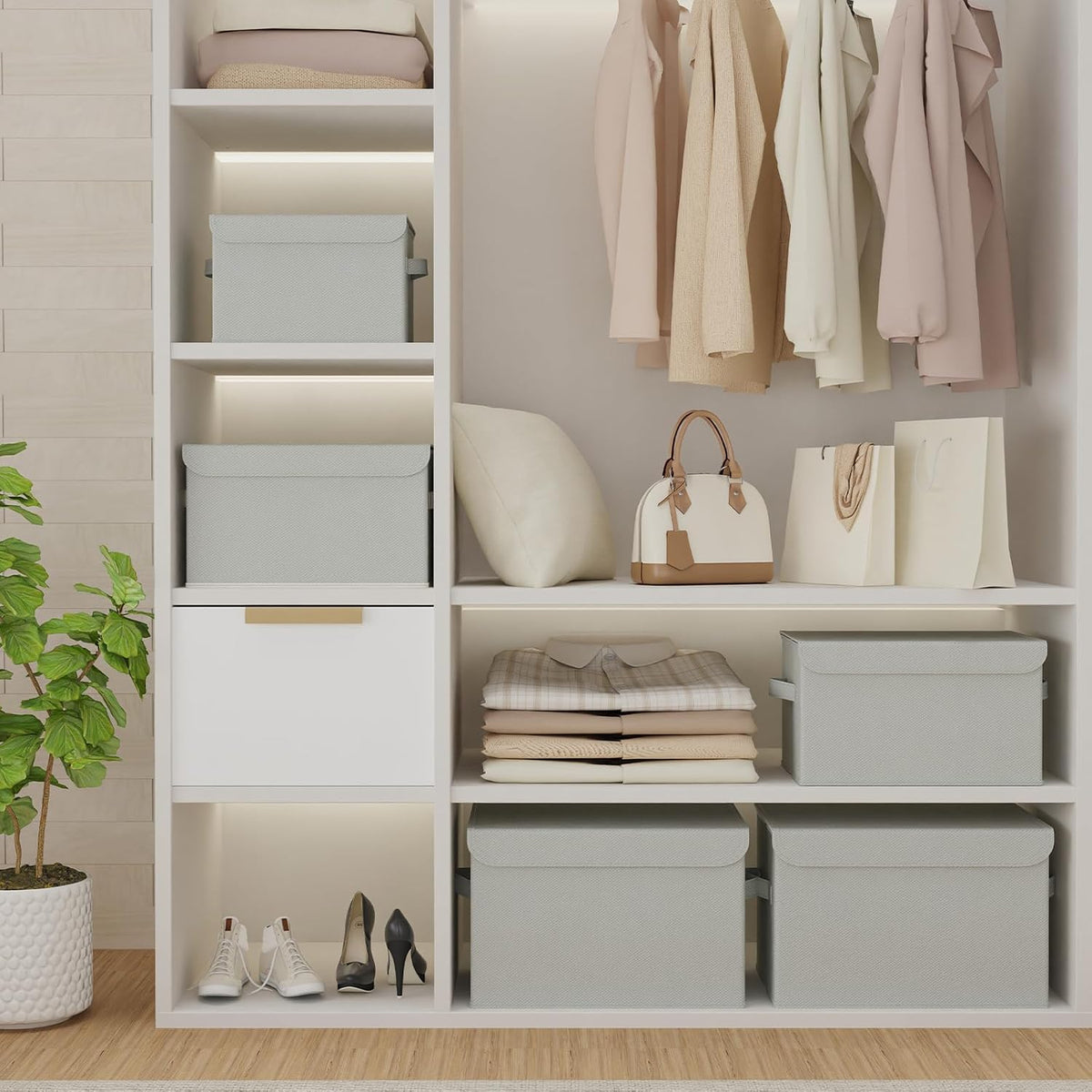 Fabric Storage Box with Lid (Grey, Set of 2)
