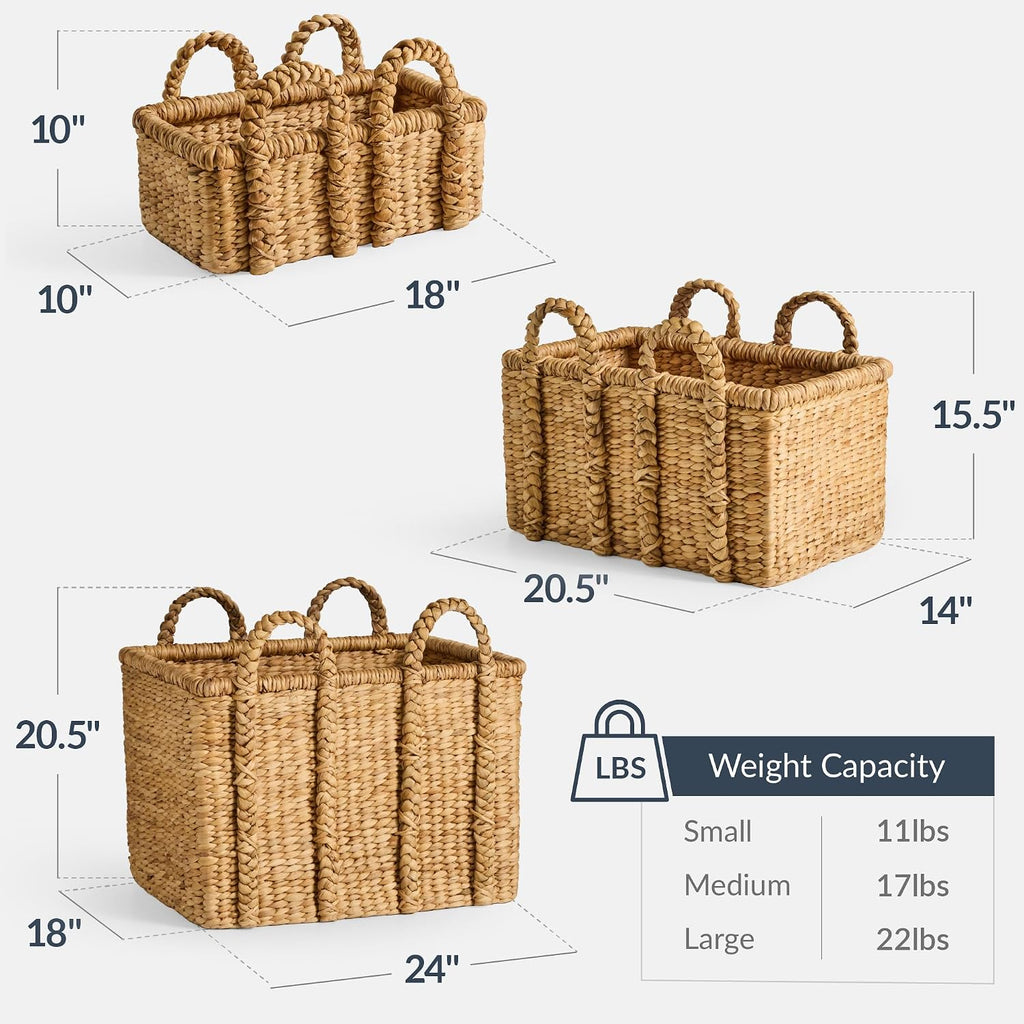 3Pc Shelf Baskets, Small, Large and XL Chunky Woven Wicker Rattan Storage Baskets w/Braided Handles, Organizer Bins for Blankets, Pillows, Shoes and Toys - Natural