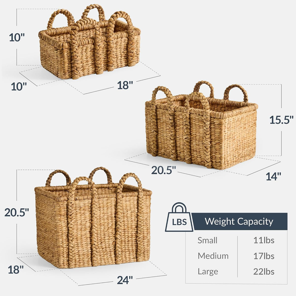 3Pc Shelf Baskets, Small, Large and XL Chunky Woven Wicker Rattan Storage Baskets w/Braided Handles, Organizer Bins for Blankets, Pillows, Shoes and Toys - Natural
