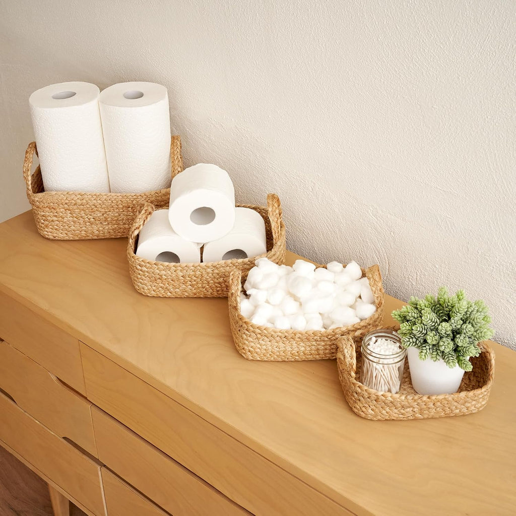 Beautiful Storage Basket Set of 4 - Natural Jute Rope Bins for Shelves