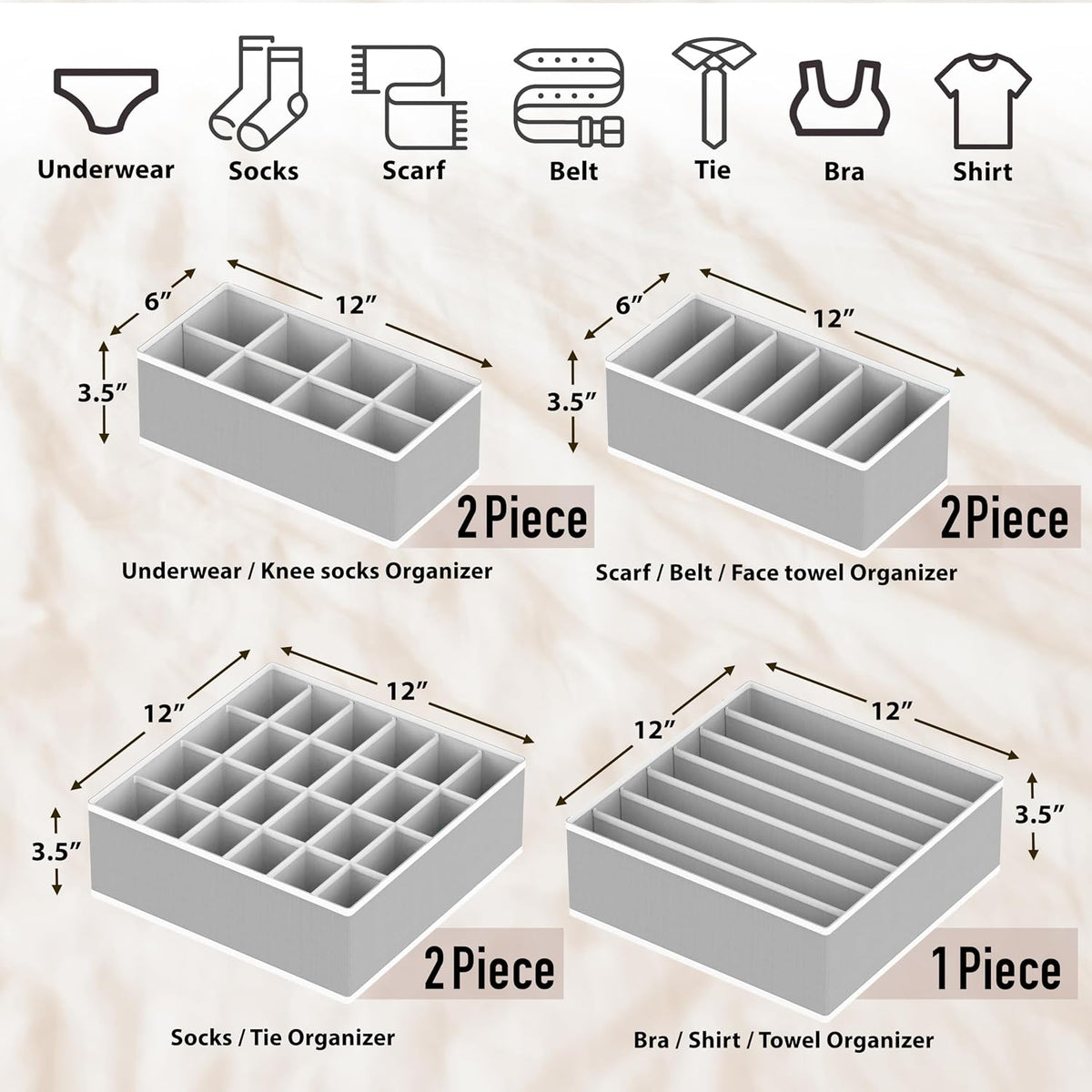 7-Piece Wardrobe Underwear Drawer Divider Organizer Set, Suitable for Bras, Panties, Socks, and Accessories