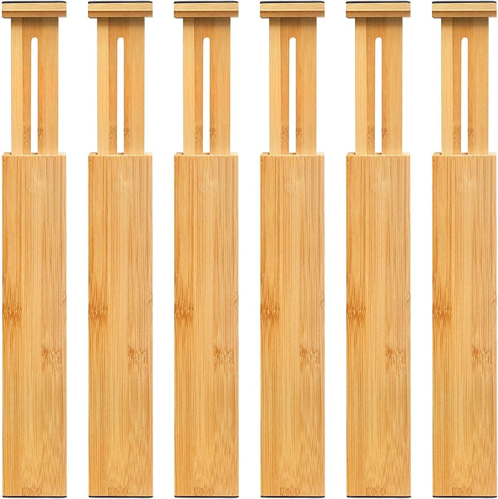 6-Pack Adjustable Bamboo Drawer Dividers, Expandable Drawer Organizer for Kitchen Utensils, Clothes, Bathroom, Office – Fits Drawer Interiors 16.6" to 21.8"