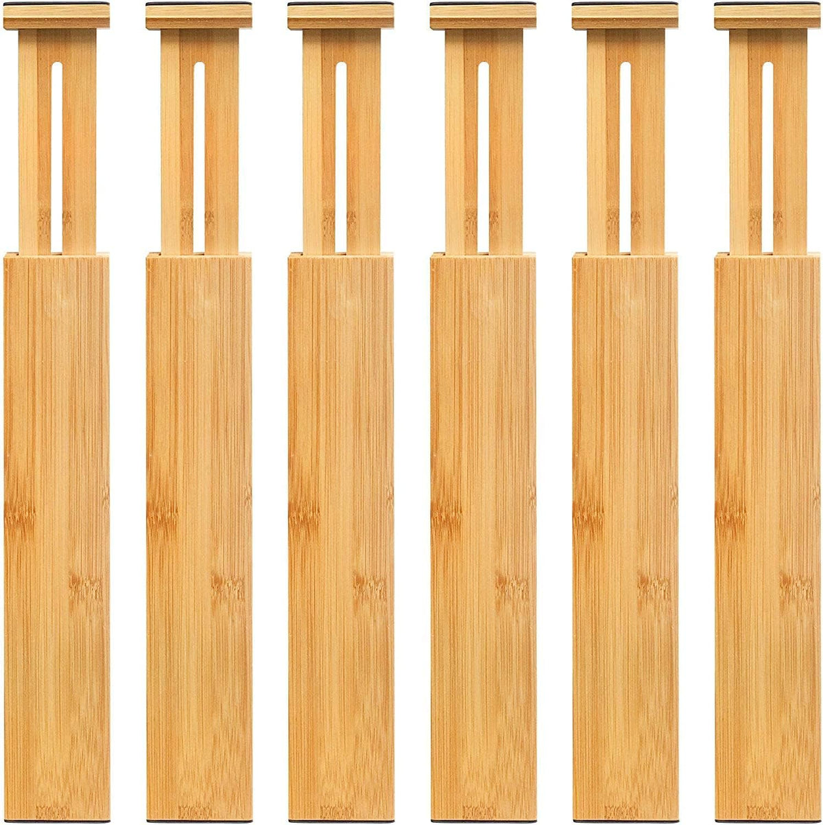 6-Pack Adjustable Bamboo Drawer Dividers, Expandable Drawer Organizer for Kitchen Utensils, Clothes, Bathroom, Office – Fits Drawer Interiors 16.6" to 21.8"
