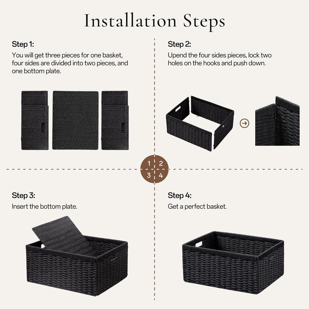2 Pack Wicker Basket, 13.4L×8.3H×7.1W inch Woven Paper Rope Storage Baskets for Shelves, Foldable Rectangular Storage Baskets with Handle, Storage Basket for Organizing, Black