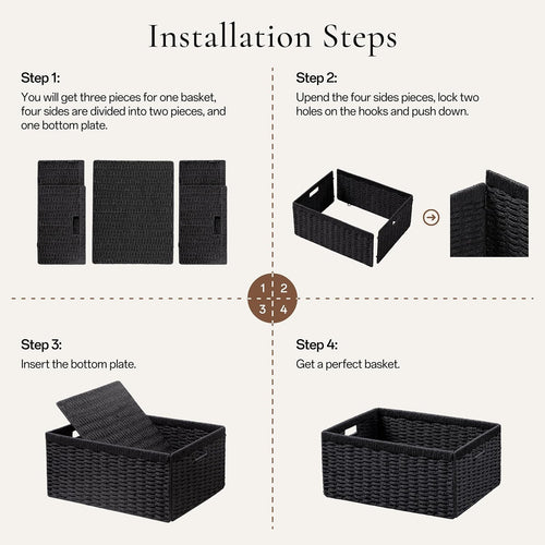 2 Pack Wicker Basket, 13.4L×8.3H×7.1W inch Woven Paper Rope Storage Baskets for Shelves, Foldable Rectangular Storage Baskets with Handle, Storage Basket for Organizing, Black