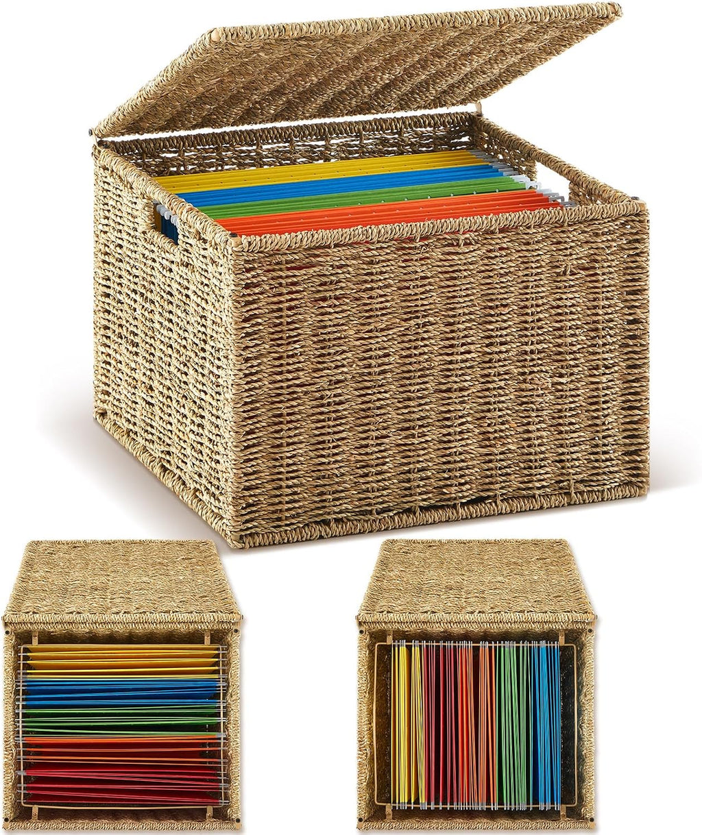 Seaweed Woven Hanging File Organizer (with Lid)