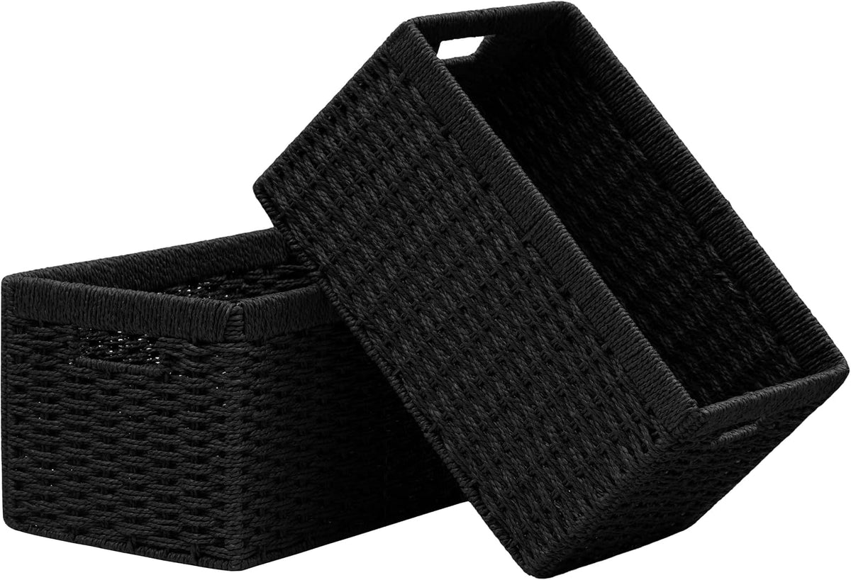 2 Pack Wicker Basket, 13.4L×8.3H×7.1W inch Woven Paper Rope Storage Baskets for Shelves, Foldable Rectangular Storage Baskets with Handle, Storage Basket for Organizing, Black
