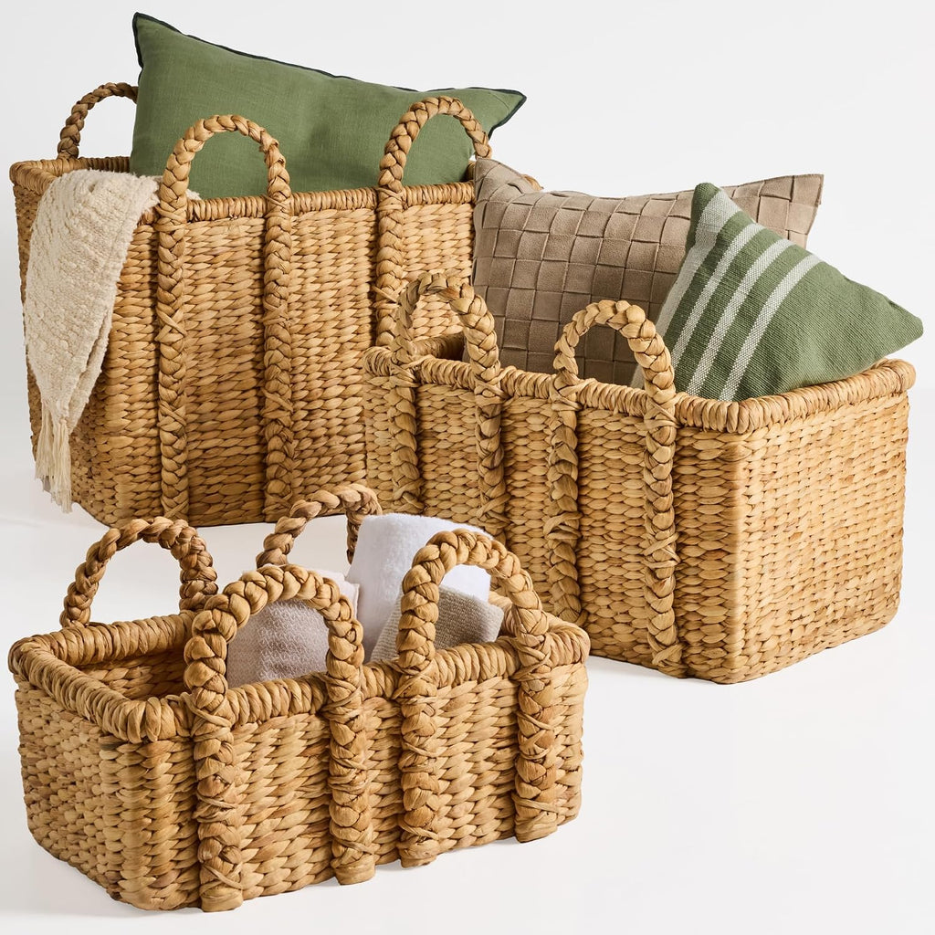 3Pc Shelf Baskets, Small, Large and XL Chunky Woven Wicker Rattan Storage Baskets w/Braided Handles, Organizer Bins for Blankets, Pillows, Shoes and Toys - Natural