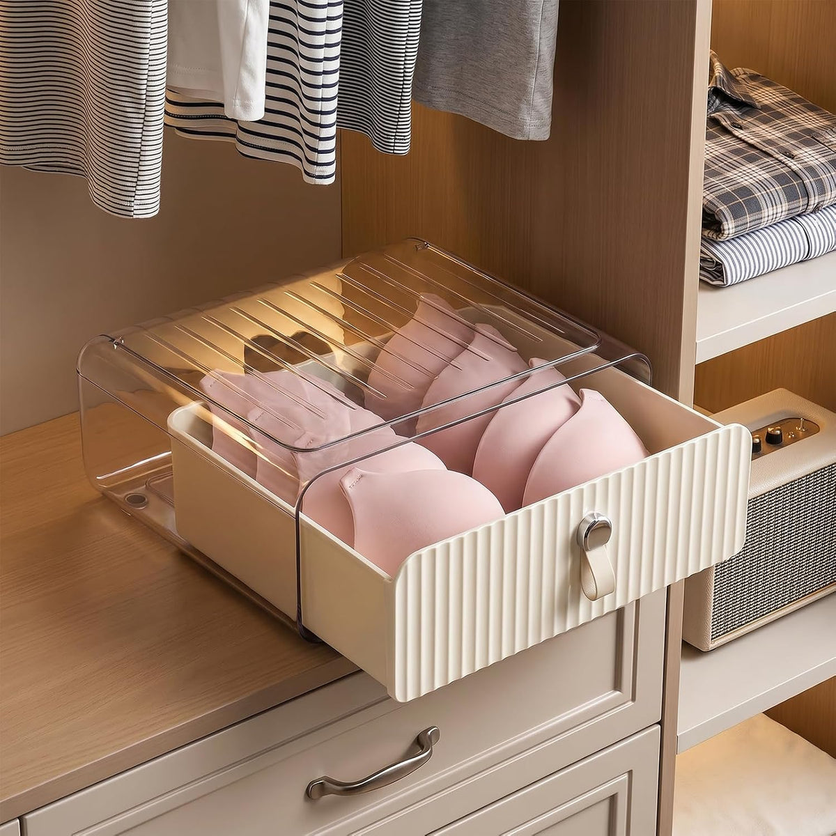 Single-Pack Transparent Acrylic Wardrobe Drawer, Stackable, with Leather Handles and Non-Slip Mat, Suitable for Bras, Underwear, and Socks