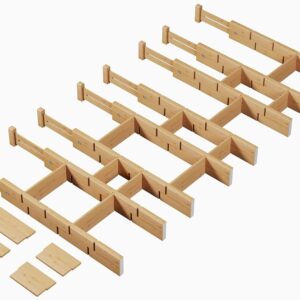 Bamboo Drawer Dividers 8 Pack with Inserts, Kitchen Adjustable Drawer Organizers for Home, Bedroom, Dresser, Expandable Organization 8 Dividers with 16 Inserts