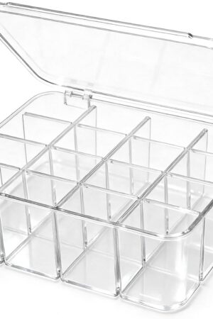 16-Compartment Transparent Plastic Storage Box with Lid and Adjustable Dividers