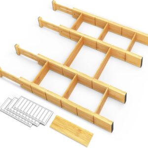 Bamboo Drawer Dividers with Inserts and Labels, Kitchen Adjustable Drawer Organizers, Expandable Organization for Home, Office, Dressers, 4 Dividers with 9 Inserts (17"-22" Natural)