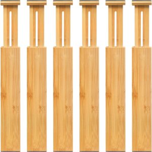 6-Pack Adjustable Bamboo Drawer Dividers, Expandable Drawer Organizer for Kitchen Utensils, Clothes, Bathroom, Office – Fits Drawer Interiors 16.6" to 21.8"