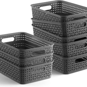 Plastic Storage Baskets - 8 Pack, Gray, Durable, Easy to Use, Flexible, Multi-Purpose, Ideal for Closets, Cabinets, Shelves, Countertops