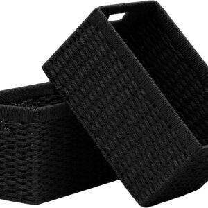 2 Pack Wicker Basket, 13.4L×8.3H×7.1W inch Woven Paper Rope Storage Baskets for Shelves, Foldable Rectangular Storage Baskets with Handle, Storage Basket for Organizing, Black