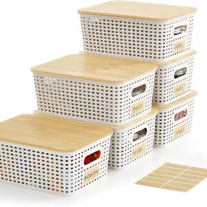 Small Plastic Storage Bins with Bamboo Lids 5.2qt Stackable Box Basket Pantry Decorative Containers Cute with Labels for Organizing Desktop Closet Office Cream White of 6 packs 10*7.2*4.1"